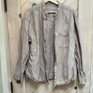 Men’s Tan Collarless Linen Cotton One Pocket Button Down Shirt size XL
